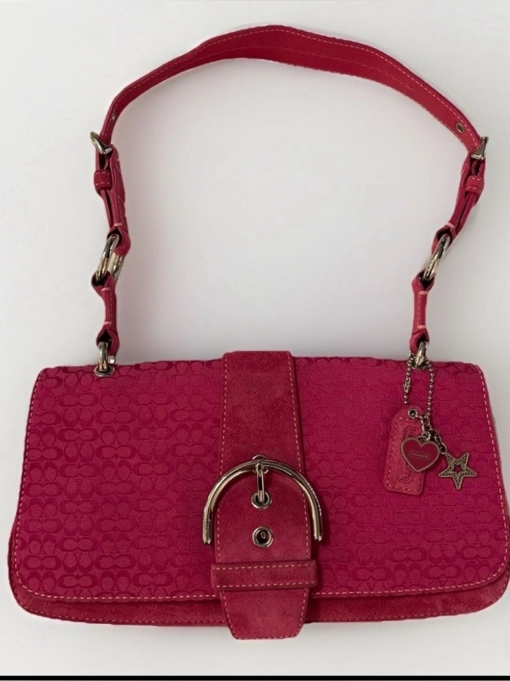 Coach Soho VTG 2004 RARE Fuchsia Leather & Suede Trim w/ Silver Tone Buckle